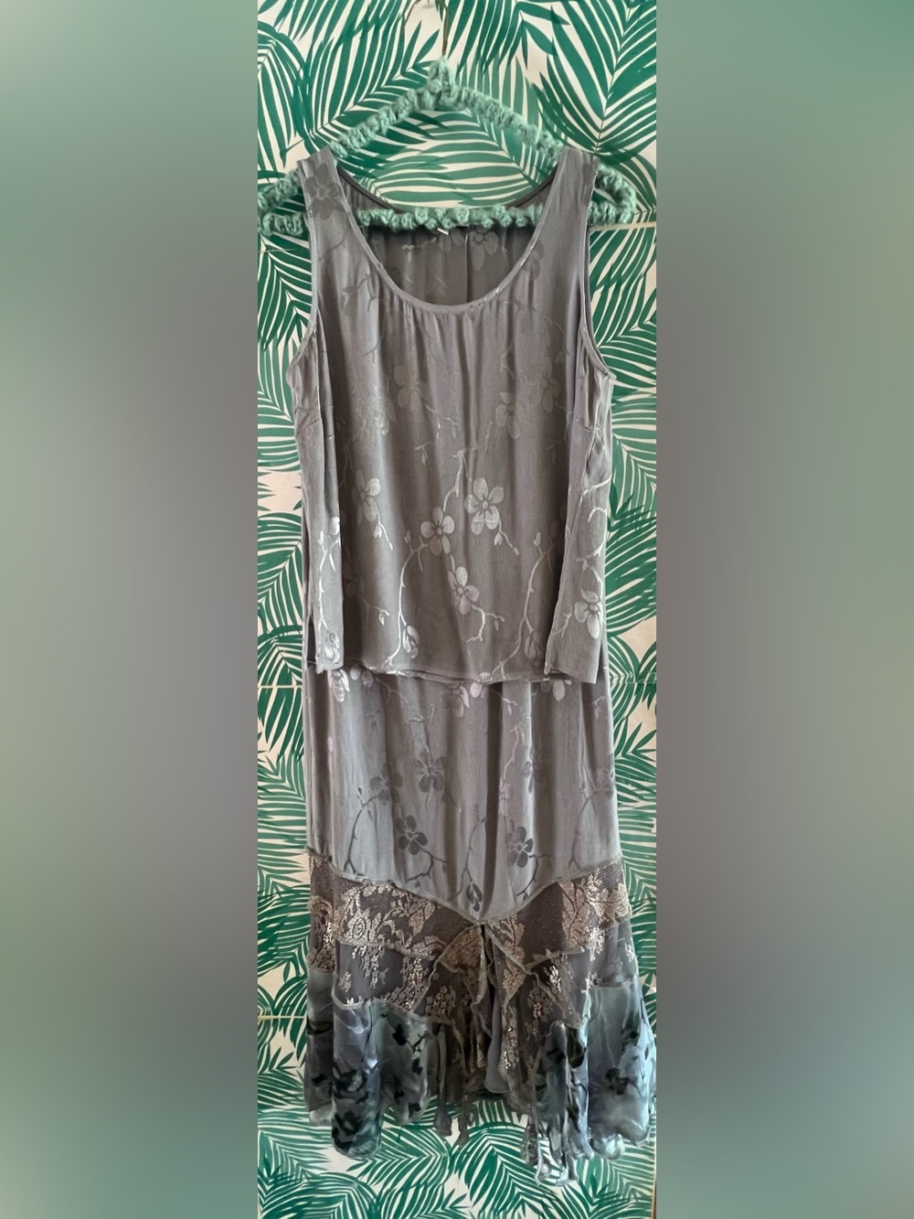 Vintage Spencer Alexis steal blue silk blend 2 piece top and maxi skirt w/velvet